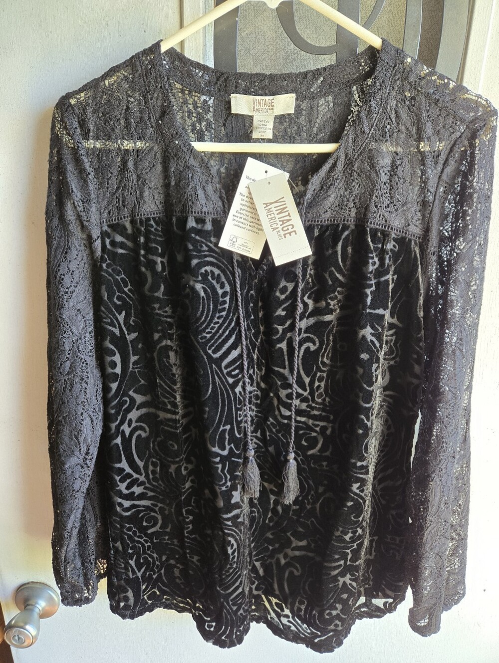 Vintage America Black Lace And Velvet Top NWT